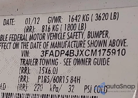 2012 Ford Fiesta Se z USA, uszkodzony, nr VIN 3FADP4BJXCM175910